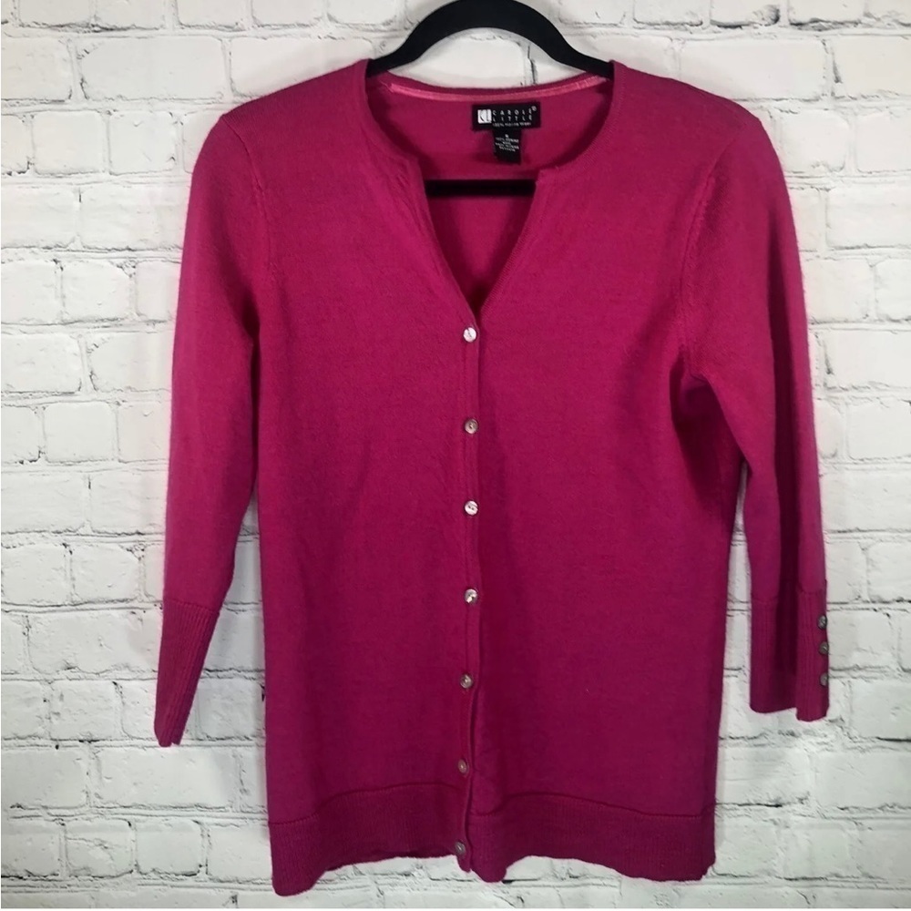 Carole Little Cardigan Sweater Womens Small Pink Button 100% Merino Wool